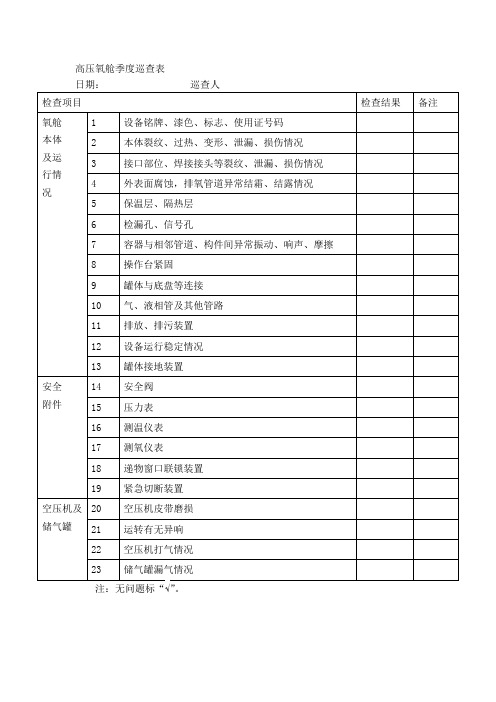 高压氧舱巡查报表