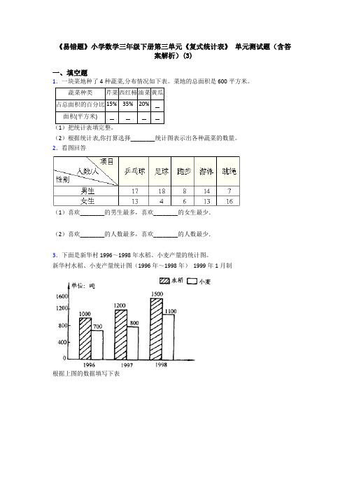 《易错题》小学数学三年级下册第三单元《复式统计表》 单元测试题(含答案解析)(3)