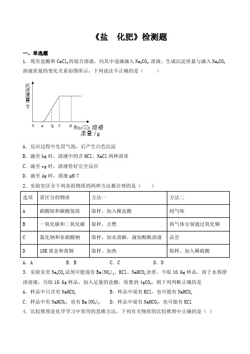 人教版初中化学九年级下册第十一单元《盐  化肥》检测题(包含答案)