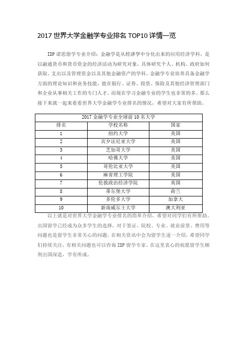 2017世界大学金融学专业排名TOP10详情一览