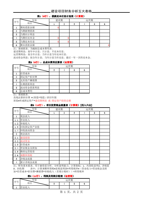 财务评价五大表格