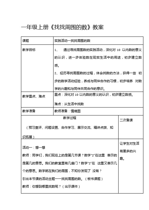 小学数学_找找周围的数教学设计学情分析教材分析课后反思.docx