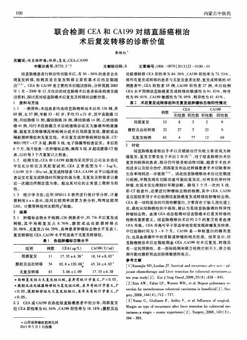 联合检测CEA和CA199对结直肠癌根治术后复发转移的诊断价值