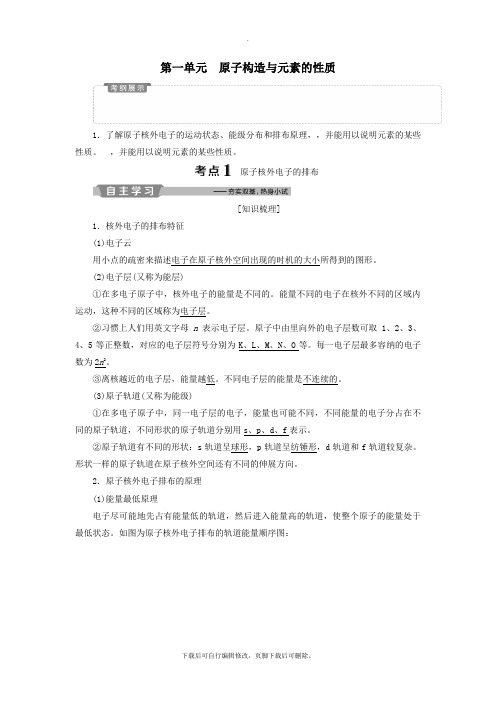 (江苏专用)2021版高考化学一轮复习选考物质结构与性质1第一单元原子结构与元素的性质教案