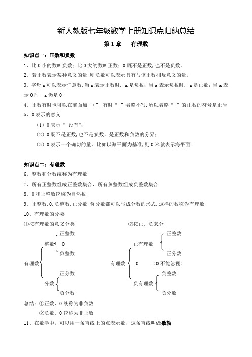 新人教版七年级数学上册知识点归纳总结(A4竖版)