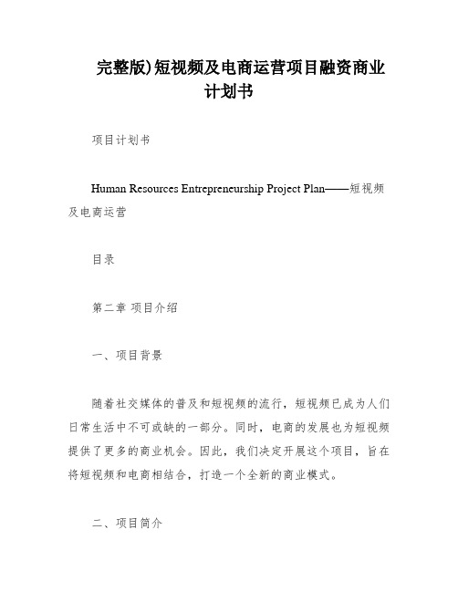 完整版)短视频及电商运营项目融资商业计划书