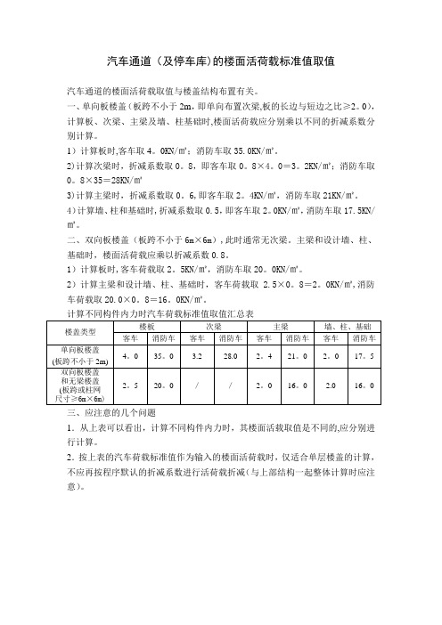 汽车通道(及停车库)的楼面活荷载标准值取值