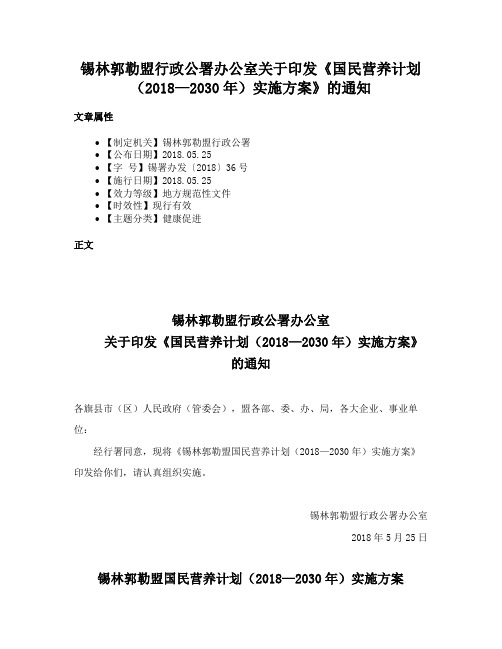 锡林郭勒盟行政公署办公室关于印发《国民营养计划（2018—2030年）实施方案》的通知