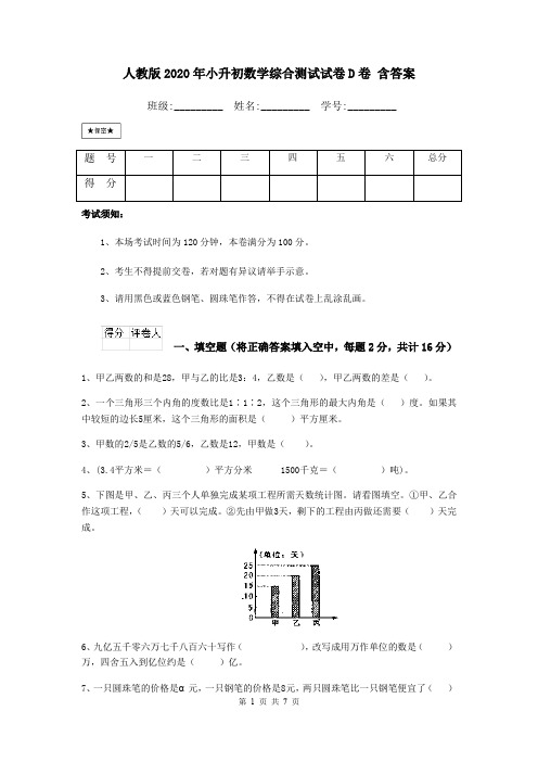 人教版2020年小升初数学综合测试试卷D卷 含答案