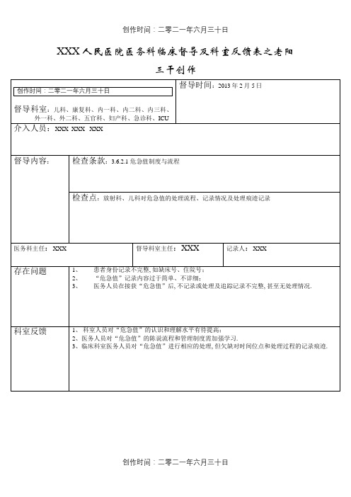 XXX人民医院医务科临床督导及科室反馈表