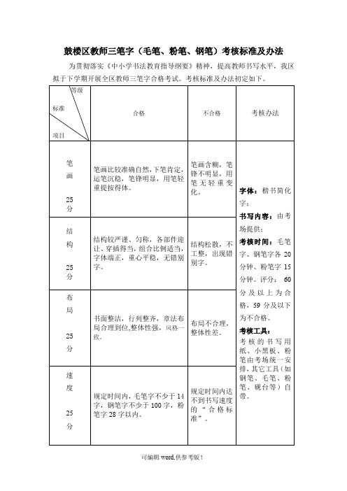 三笔字合格考试考核标准