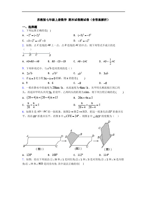 苏教版七年级上册数学 期末试卷测试卷(含答案解析)