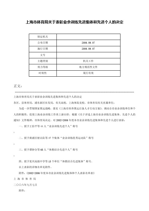 上海市体育局关于表彰业余训练先进集体和先进个人的决定-