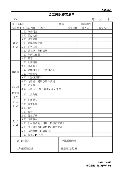 4-HR-112-05A 员工离职移交清单