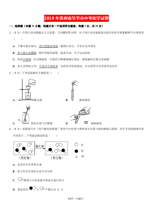 (中考真题)2019年贵州省毕节市中考化学试卷