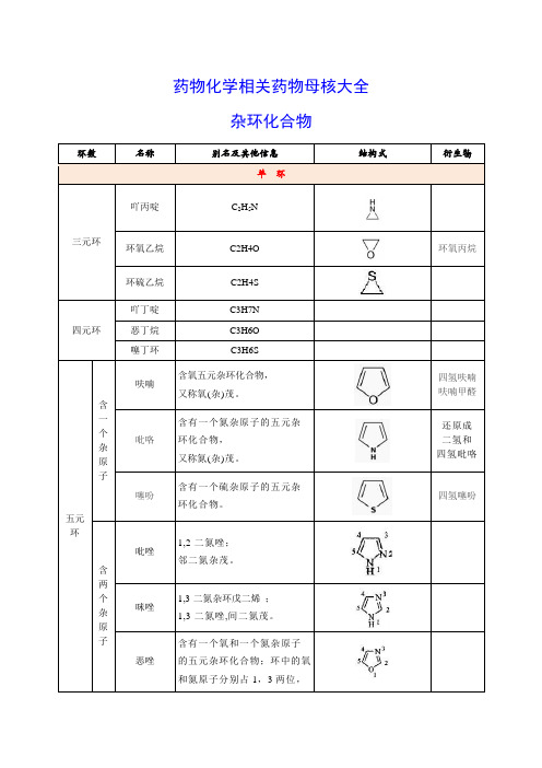 药物化学相关药物母核大全杂环化合物环数名称别名及其他信息