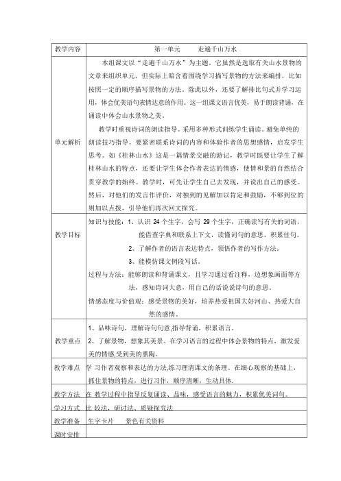 人教版四年级下册语文第一单元表格式教案