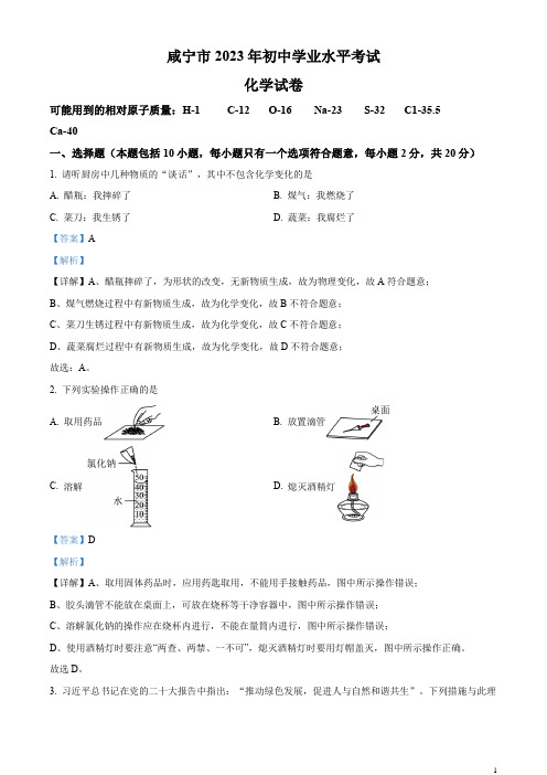 精品解析：2023年湖北省咸宁市中考化学真题(解析版)