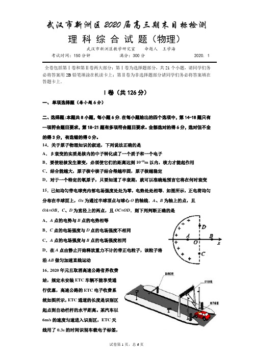 武汉市新洲区2019-2020高三上学期期末目标检测理综(物理)