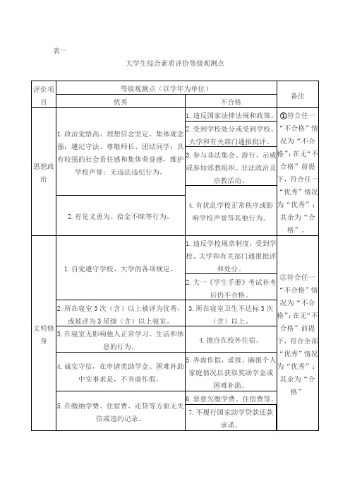 大学生综合素质评价等级观测点和综合评价表