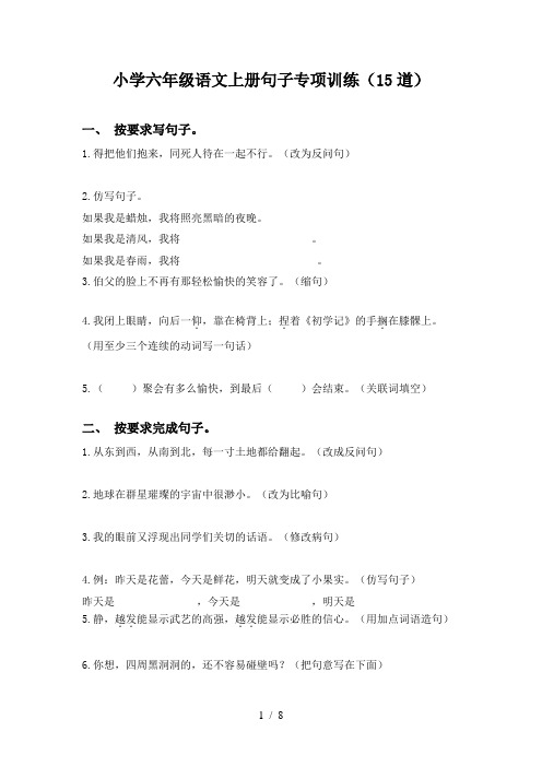 小学六年级语文上册句子专项训练(15道)