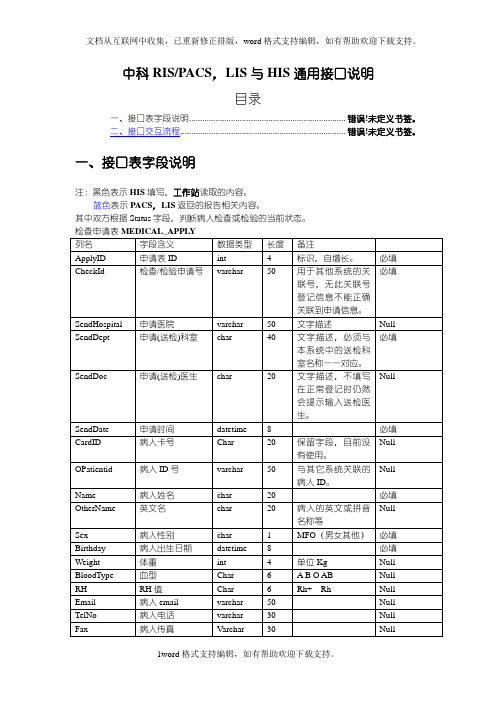 pacsHIS通用接口表说明