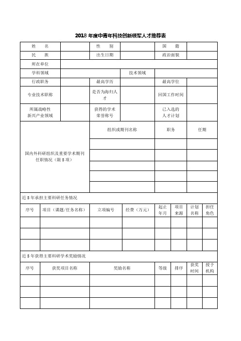 2018中青年科技创新领军人才推荐表