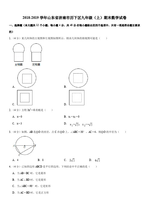 2018-2019学年山东省济南市历下区九年级(上)期末数学试卷