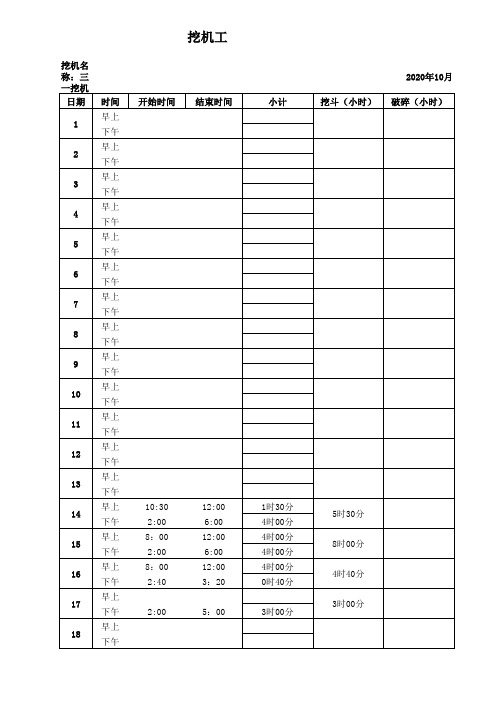 挖机台班统计表(时间自动公式加减)