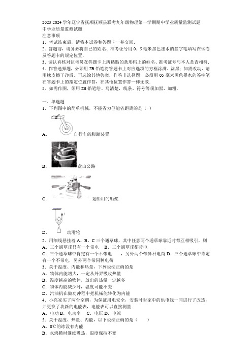 2023-2024学年辽宁省抚顺抚顺县联考九年级物理第一学期期中学业质量监测试题含解析