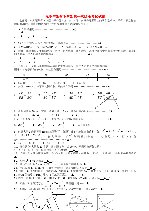 九年级数学下学期第一次阶段考试试题