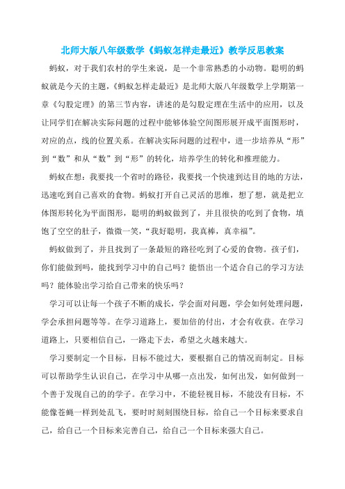 北师大版八年级数学《蚂蚁怎样走最近》教学反思教案