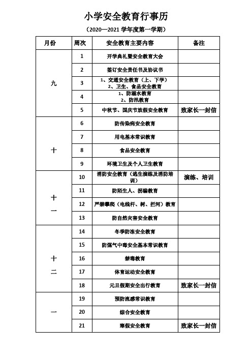 小学安全教育行事历