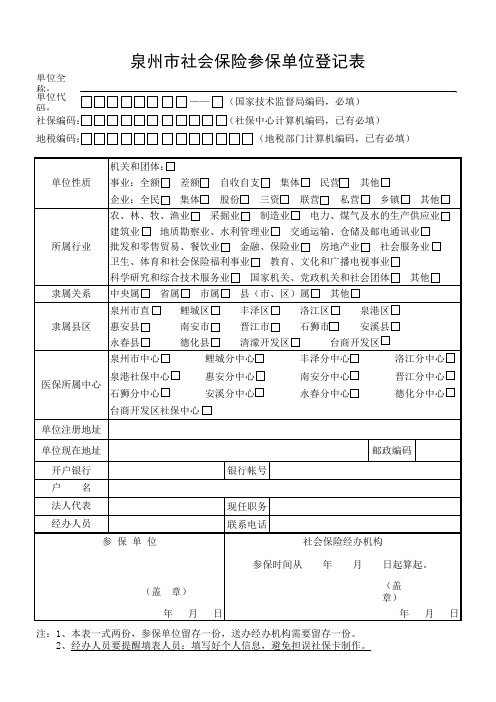 泉州市医疗保险参保单位登记表