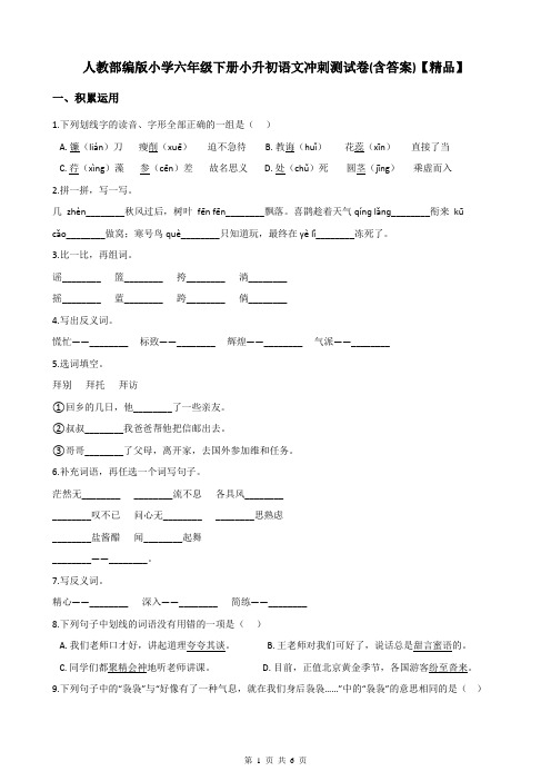 人教部编版小学六年级下册小升初语文测试卷(含答案)【精品】