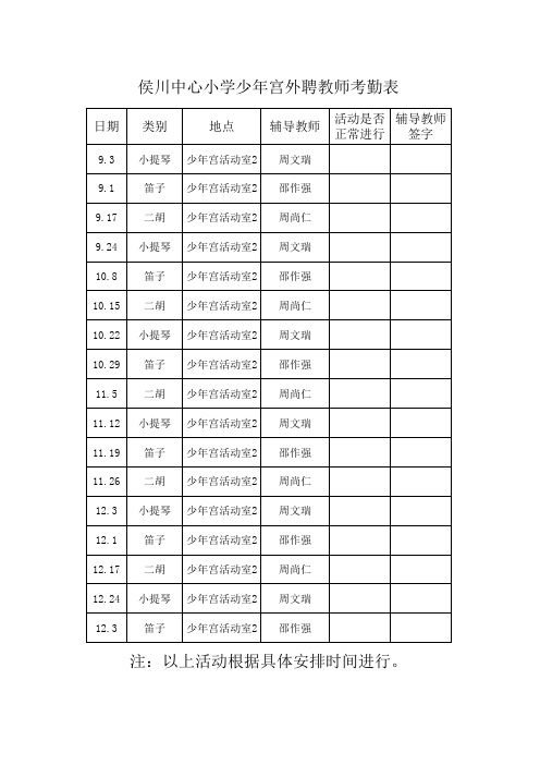 侯川中心小学少年宫兴趣小组活动考勤表