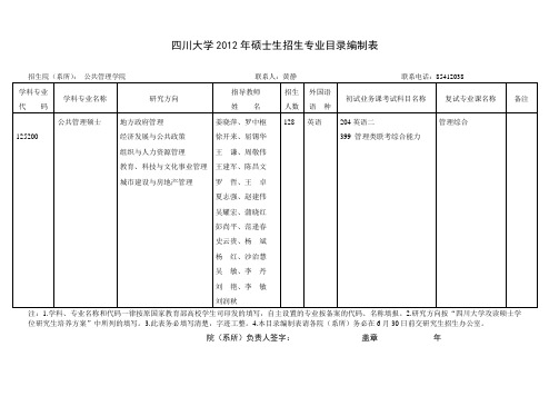 四川大学2012年硕士生招生专业目录编制表 公共管理硕士