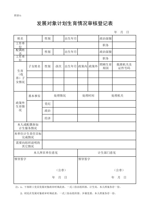 表4：发展对象计划生育审核登记表