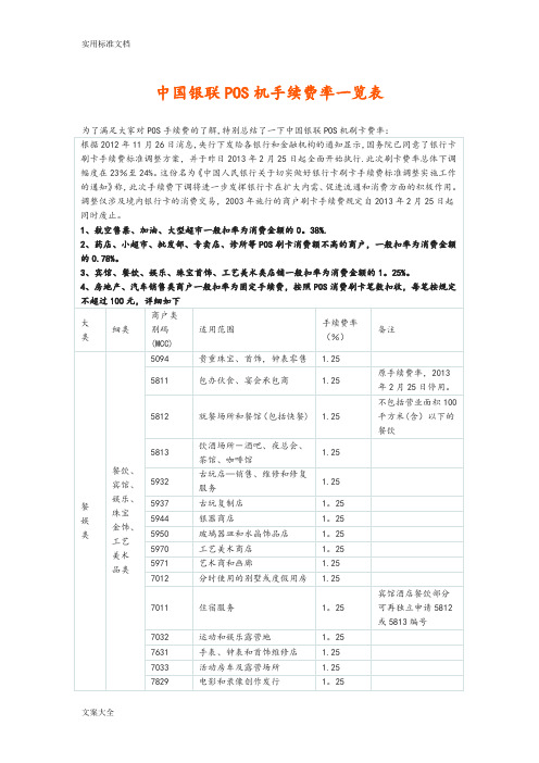 各行业POS机刷卡费率统计表【范本模板】