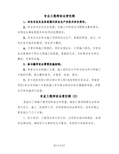 专业工程师安全责任制(3篇)