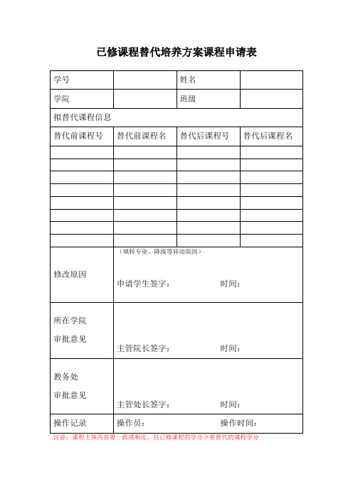 西北工业大学 已修课程替代培养方案课程申请表