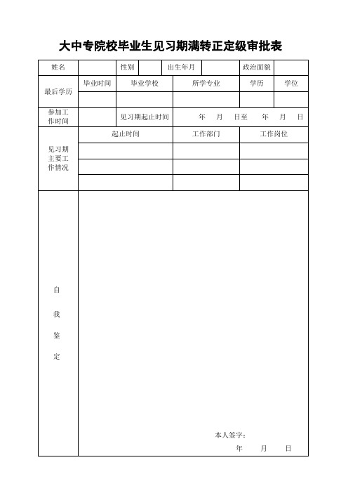 大中专院校毕业生见习期满转正定级审批表