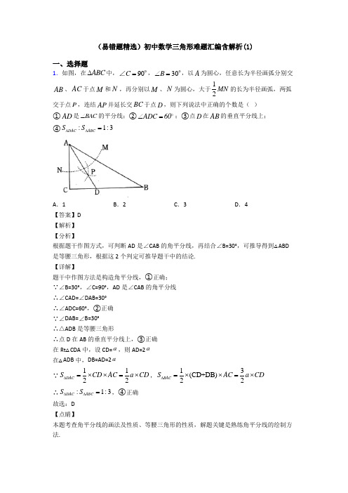 (易错题精选)初中数学三角形难题汇编含解析(1)