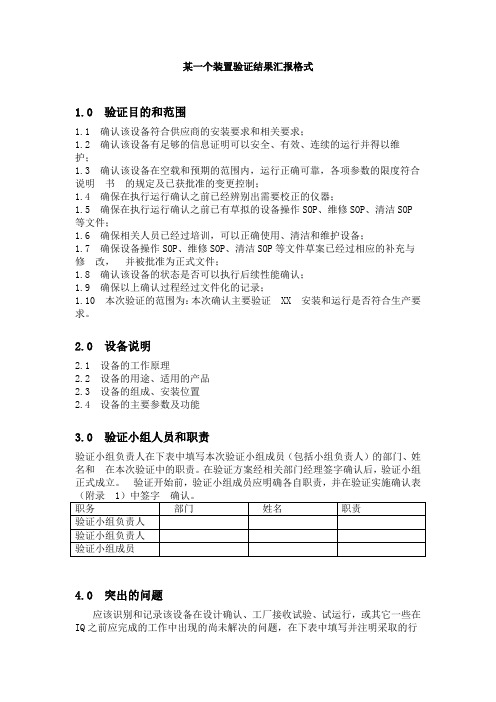 某一个装置验证结果汇报格式