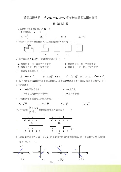 长郡双语实验中学初三下第四次月考数学试卷及答案