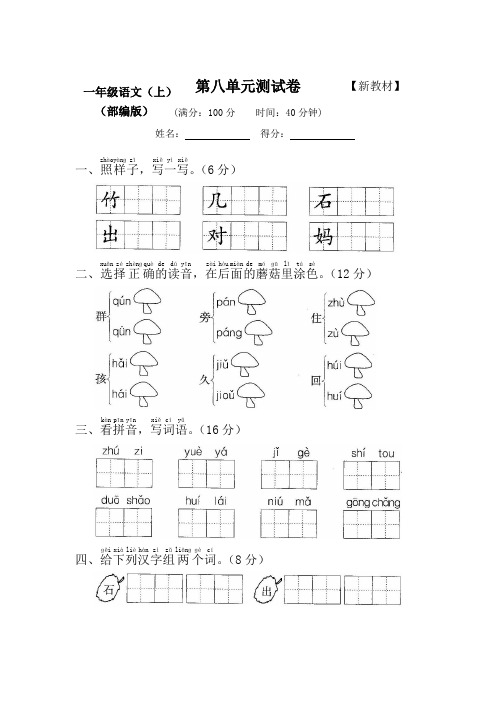 新部编人教版小学1一年级语文(上册)第八单元测评试卷