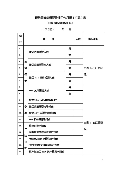 预防艾滋病、梅毒、乙肝母婴传播工作月报表(汇总)