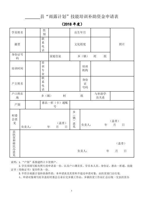 “雨露计划”技能培训补助资金申请表