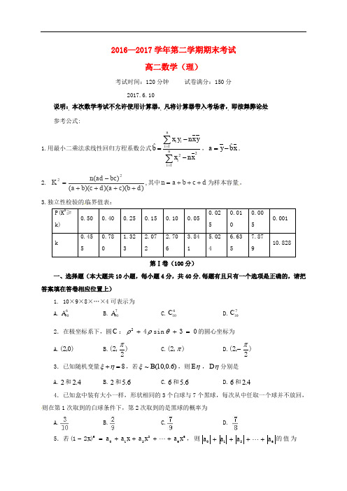 福建省福州市高二数学下学期期末考试试题 理