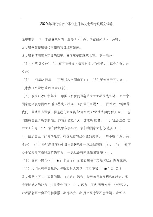 2020年河北省初中毕业生升学文化课考试语文试卷(word版含参考答案)-以冲澹自处